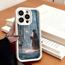 Cubierta de teléfono con borde negro diseño de mago y ciervo en bosque mágico para uso diario y trabajo - Blanco - Ver 7