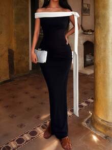 Vestido largo elegante de mujer StyleQye, de unicolor, elegante, con nudo y abertura, adecuado para fiestas, citas nocturnas, bodas