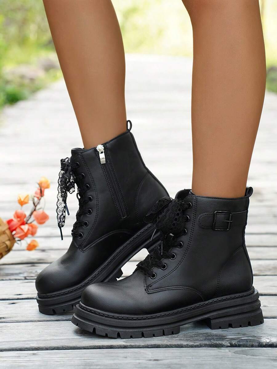 Autumn/Winter Lace-Up Leather Buckle Cinched Side Zipper Short Thick-Soled Soft-Bottomed Versatile Boots, Outdoor Warm Flat Ankle Boots - Black - View 1