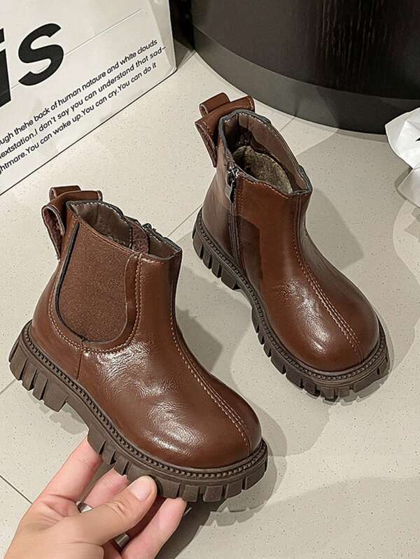 1 Par de Botas Chelsea de Fleece Minimalistas para Crianças, Botas Sólidas Retrô para Meninas com Zíper Lateral, Confortáveis e Quentes, Adequadas para Uso Externo, Outono/Inverno