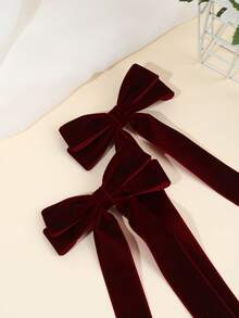 2个酒红色蝴蝶结发夹，女士纯色丝绒蝴蝶爪夹，优雅长尾蝴蝶结发夹，秋冬蝴蝶结发饰，女士发夹，发卡 - 酒紅色 - 查看 3