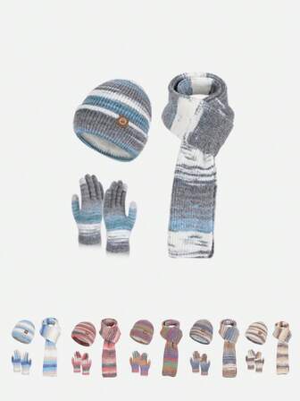 Set de 2 piezas/3 piezas de gorro, bufanda y guantes de mujer de punto de colores, gorro sencillo, adecuado para esquí, ciclismo y accesorios de invierno