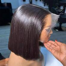 180% Density Bone Straight Short 13x4 Bob Wig Human Hair Brazilian Hair Lace Frontal Bob Wig Human Hair Preplucked Wig 12 14 Inch - Natural Black - View 2
