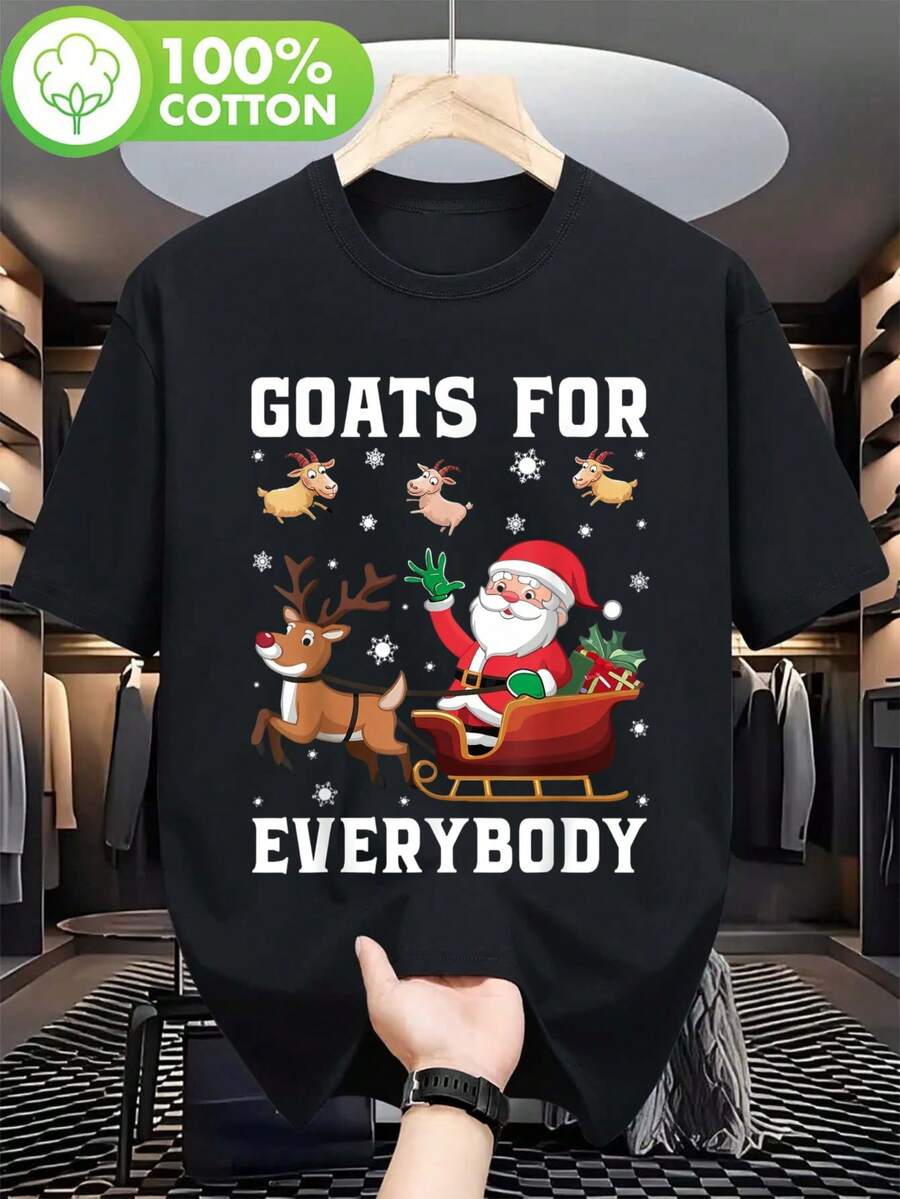 Camiseta gráfica divertida de cabra navideña - Camiseta de cuello redondo 100% con diseño "Cabras para todos", top de punto de manga corta casual para adultos, ajuste regular para todas las estaciones, lavable a máquina, perfecta para uso casual y actividades al aire libre, camisetas navideñas - Negro - Ver 1
