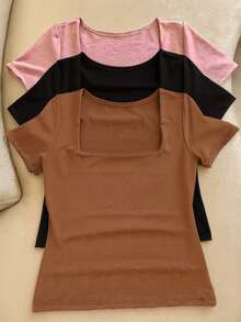 Set Of 3 Basic Blouses In Spandex With Square Neckline And Short Sleeves (Lined) - Marrón/Negro/Rosa - Ver 1