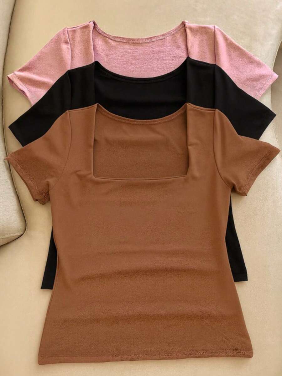 Set Of 3 Basic Blouses In Spandex With Square Neckline And Short Sleeves (Lined) - Marrón/Negro/Rosa - Ver 1