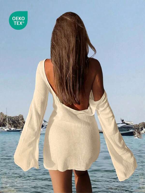 Vestido ajustado de unicolor con mangas acampanadas, espalda descubierta y diseño transparente minimalista y sexy para la playa y vacaciones, primavera/verano