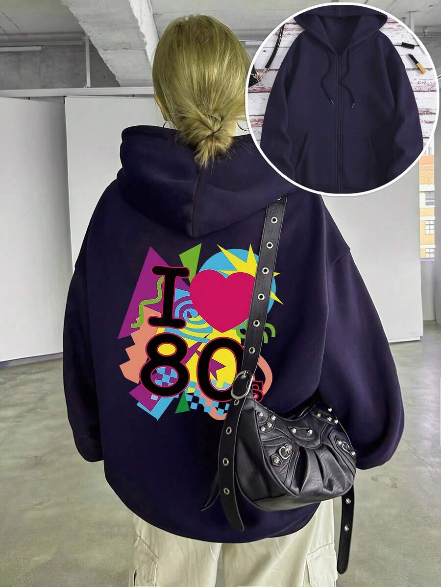 Mujer005-1 Sudadera con capucha y cremallera para mujer invierno sudadera de manga larga cómoda suave Sudadera de capucha negra con diseños vibrantes en el trasero que dicen "I love 80s", una pieza cómoda y atractiva para el estilo retro de la década de 1980 - Azul - Ver 1