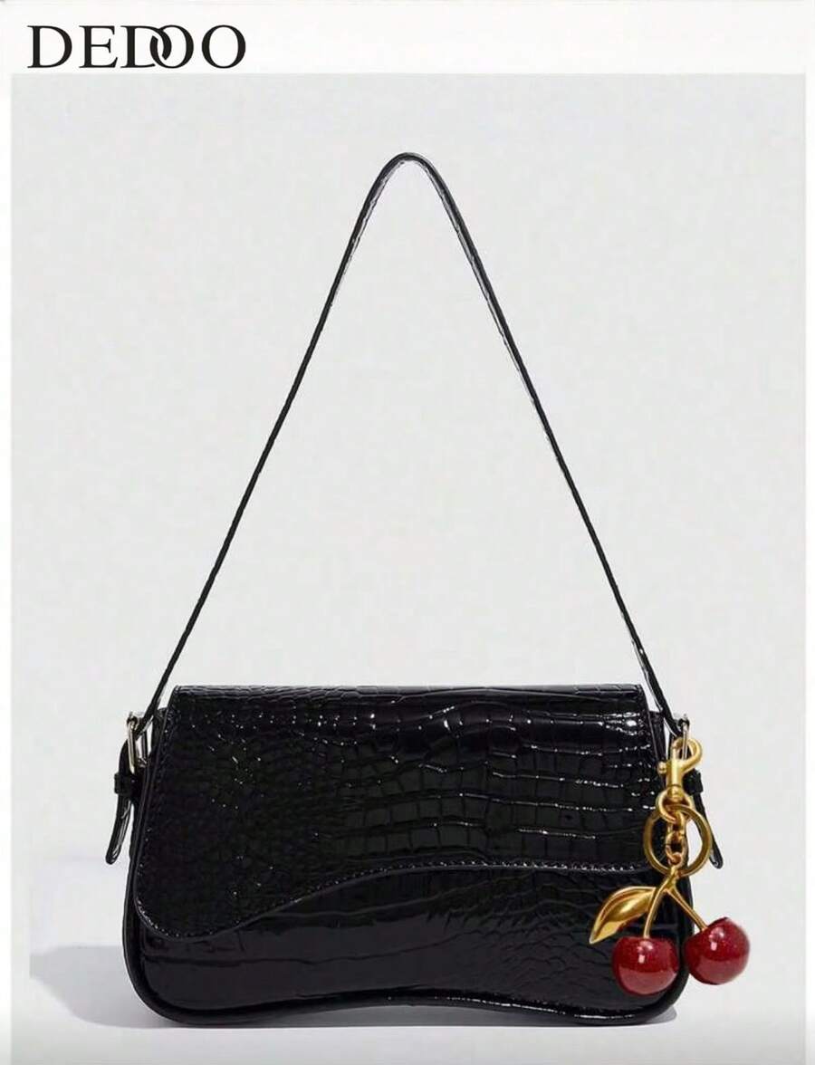 1pc Women Faux Leather Shoulder Bag, Black Crocodile Pattern Square Bag, Versatile Patent Leather Purse, Y2K Crossbody/Underarm Bag, Fashionable Sling Bag, With Cherry Pendant Charm - 黑色 - 查看 1