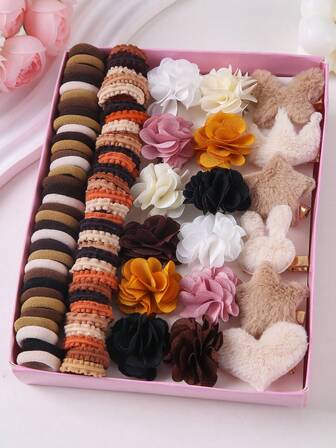 50件/套 女孩可爱毛绒蝴蝶皇冠、星星、兔子、爱心发夹、弹力发圈、花朵发爪、鳄鱼夹，多功能发饰，适合日常使用