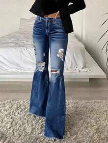 Women's Distressed Flare Jeans - Distressed Denim, Mid-Rise Stretch Fitted Flare Pants - Dark Wash - View 2