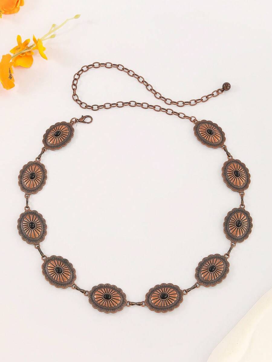 سلسلة خصر معدنية بنمط زهري بيضاوي مزيف باللون الفضي، حزام خصر متعدد الاستخدامات، ديكور للفساتين والبناطيل وفساتين الشاطئ البوهيمية، إكسسوار خصر أساسي