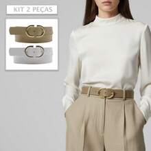 Kit 2 Women's Belt 2D Double Inverted Round Buckle Current Fashion Winter Summer 96040K2 - 米色和白色 - 查看 2
