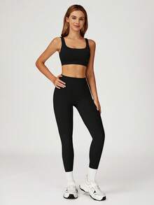 MASKERT Damen Sport Set: Sport-BH mit quadratischem Ausschnitt + hochgeschnittene, schlank sitzende Yoga Hose, hautfreundlich & figurformend, 2-teiliges Set für Fitness, Training, Laufen und Outdoor-Aktivitäten - Schwarz - Übersicht 3