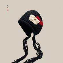 Handmade Braided Knit Hat, Fashion Applique Tassel Red Knitted Cap For Women, Warm Button Beanie For Autumn/Winter