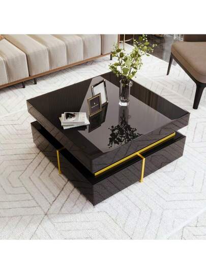 Couchtisch, Hochglanz Wohnzimmertisch, Beistelltisch Mit Schubladen Und Goldenen Akzenten view 6