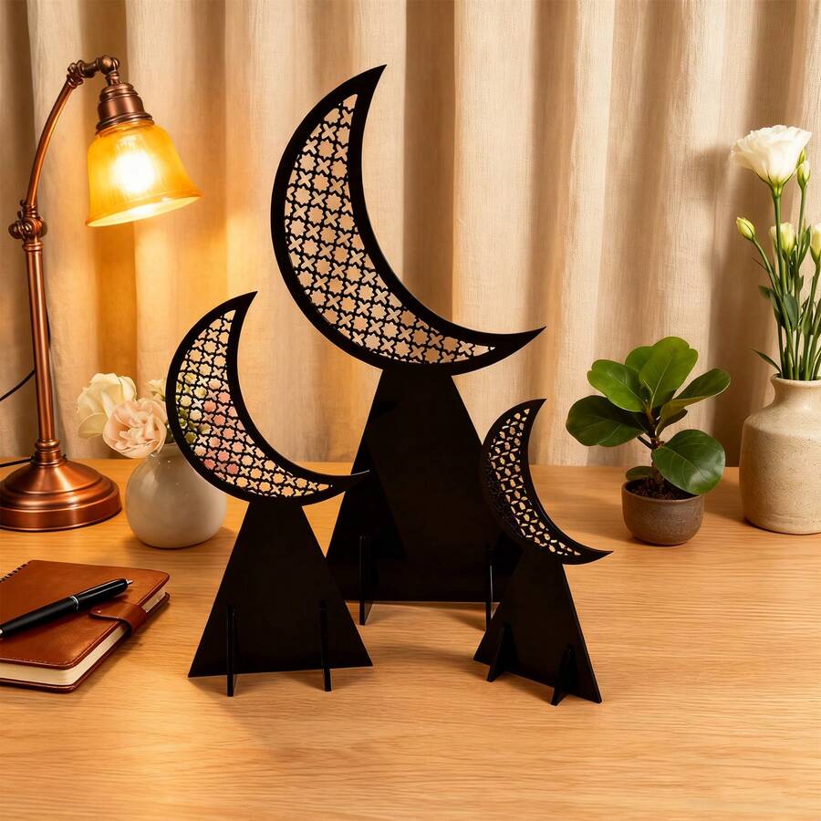 3件套伊斯兰新月亚克力桌面摆件 - 节日家居装饰，中东阿拉伯几何图案桌面中心摆件，伊斯兰风格装饰（黑/白/金，小/中/大/3件套）