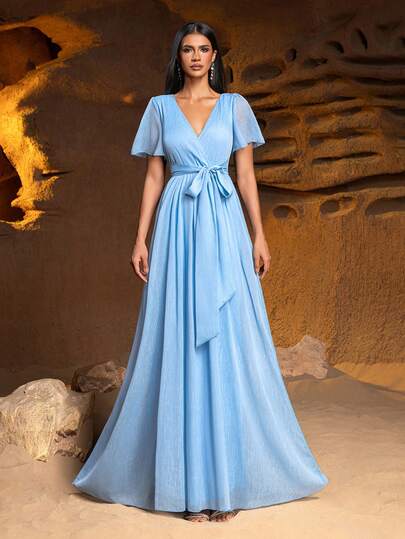 Vestido elegante con cuello en V, mangas de mariposa y cinturón en la cintura, esencial para primavera/verano | Perfecto para bodas en jardines, viajes de vacaciones y ocasiones especiales, atuendo para Año Nuevo