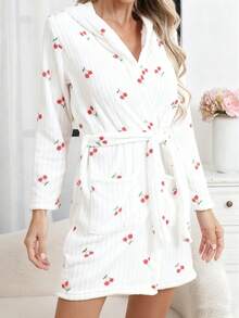 1pc Women's Solid Color Robe, Simple Belted Bathrobe, Casual Sleepwear, Suitable For Spring, Autumn And Winter - White - View 4
