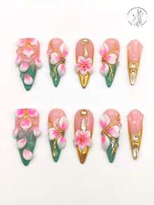 10 Pieces Of Pure Handmade Pressed Nail, 33mm Long Thin High-Heeled Nail Plate, Pink Nail Plate, Blue Nail Plate, Golden Nail Plate, Raised White Petals Pink Coloring, Golden Branches, Yellow Rhinestone Embellishment, Golden Ring With Rhinestone Decoration. It Is Suitable For Daily Leisure And Vacation, Personalized Matching For Dances, Banquets, Parties, Shows And Other Activities.