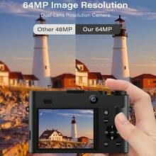 Nicamery 4K Vlog 相機 64MP 自動對焦 防震 2.8 吋 IPS 高畫質螢幕 自拍影片 Vlog 相機 超亮閃光燈 16倍數位變焦 攝影套裝 雙電池 旅行便攜數位相機 不含記憶卡 需另行購買 - 黑色 - 查看 4