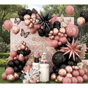 117 stycken/147 stycken (1 set) olika storlekar av svarta och rosa festdekorationsballonger, ballongkransbågsset, unika exploderande stjärnformade ballonger, gör-det-själv-ballongträd, ballongbåge, födelsedag, bröllop, alla hjärtans dag, festdekoration, festival, bröllopsballongbukett, ballongset