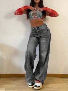 Jeans de pierna recta holgados vintage para adolescentes - Gris Oscuro - Ver 3