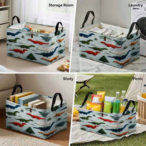1 Peça Cesta de Armazenamento de Brinquedos Extra Grande Dobrável, Caixa de Armazenamento Aberta Novidade, Organizador de Brinquedos com Padrão de Dinossauro Cartoon e Árvore de Nuvem, Poliéster Durável, Estrutura de Metal, Cesto de Armazenamento Dobrável, Adequado para Organizar Sapatos, Roupas, Trailer ou Camping, Solução de Armazenamento Doméstico, Alça Resistente