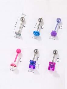 1件装亲肤低敏钛钢舌环，款式包括：可爱小熊、蓝玫瑰、粉红蘑菇、蓝花、蝴蝶等。钛钢舌钉饰品 - 卡通舌釘 - 查看 3