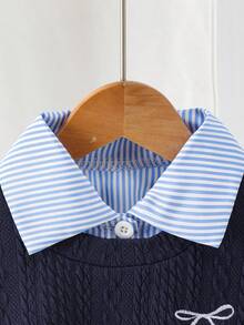Baby Girls School Outfit Bow Embroidery Knitted Vest + Striped Long Sleeve Collared Shirt Dress Set Back To School Dress - Blue - View 5