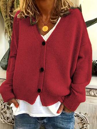 1pc Women's Plus Size V-Neck Long Sleeve Solid Color Knit Fabric Ribbed Button Loose Soft Breathable Casual Wear, Suitable For Dates, Holidays, Daily Wear In Autumn And Winter