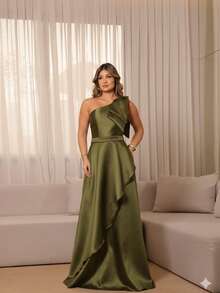 One-Shoulder Long Dress With Structured Bow – Unparalleled Elegance For Parties And Timeless Celebrations* - Màu xanh Ô liu - Xem 3