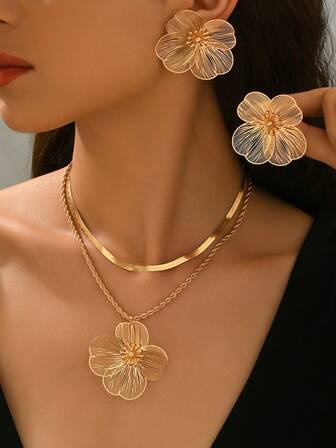 2pcs/Set New Elegant Minimalist Multi-Layer Flower Decor Fashion Layered Pendant Necklace Set