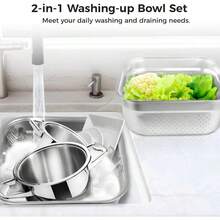 2in1 Stainless Steel Washing Up Bowl Set With Colander For Kitchen Use: Multipurpose Dish Tub For Washing Draining And Mixing Rice Pasta Fruits And Vegetables Ideal For Food Preparation And Cleaning Tasks - 2in1WashingUpBowlSet129IN - View 2