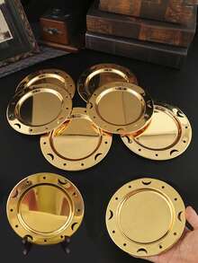 1/3/6 件装星月图案圆形金属盘，派对装饰托盘，家庭聚会装饰托盘，餐厅装饰，可重复使用，可机洗，桌面装饰托盘，节日主题派对装饰托盘，家居装饰 - 金色 - 查看 1