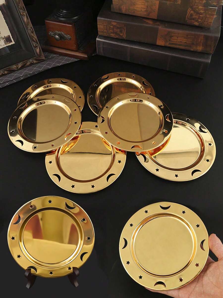 1/3/6 件装星月图案圆形金属盘，派对装饰托盘，家庭聚会装饰托盘，餐厅装饰，可重复使用，可机洗，桌面装饰托盘，节日主题派对装饰托盘，家居装饰 - 金色 - 查看 1