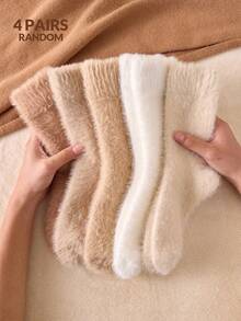 2/4 Pairs Women's Plush Thermal Warm Socks Simple Mink Plush Socks Mid-Calf Socks Crew Socks Thick Soft Fluffy Comfortable Socks Floor Socks, Christmas Gift, Random Color, Suitable For Fall&Winter, Cozy Socks - Multicolor - View 12