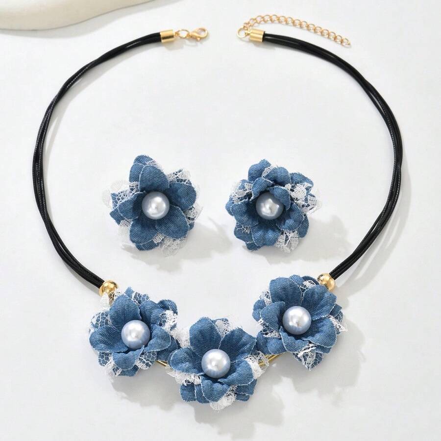 A Retro Denim Flower Necklace Set, A Stylish And Elegant Collarbone Chain Accessory With A High-End Feel - Baby Blue - View 1