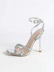 Women's Fashion High Heel Shoes: Suede Leopard Print Flat Strap Sandals, Nude Wrap Strap Sandals, Minimalist Square Toe Sandals, Black Lacquer Heel Sandals, Thin Heel High Heel Sandals, Summer Outdoor Regular Sandals, Women's Apricot Sandals,Stiletto Heels - Silver - View 14