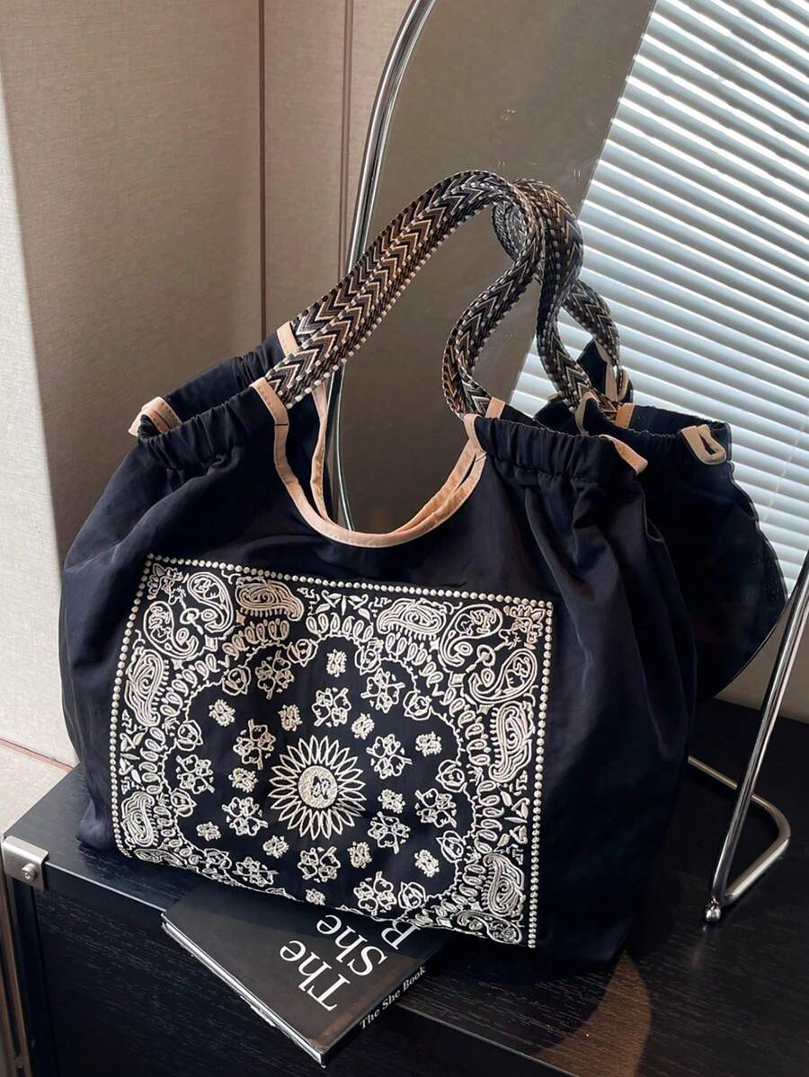 女士手提包，大容量防水帆布刺绣托特包，个性化图案便携式单肩托特包