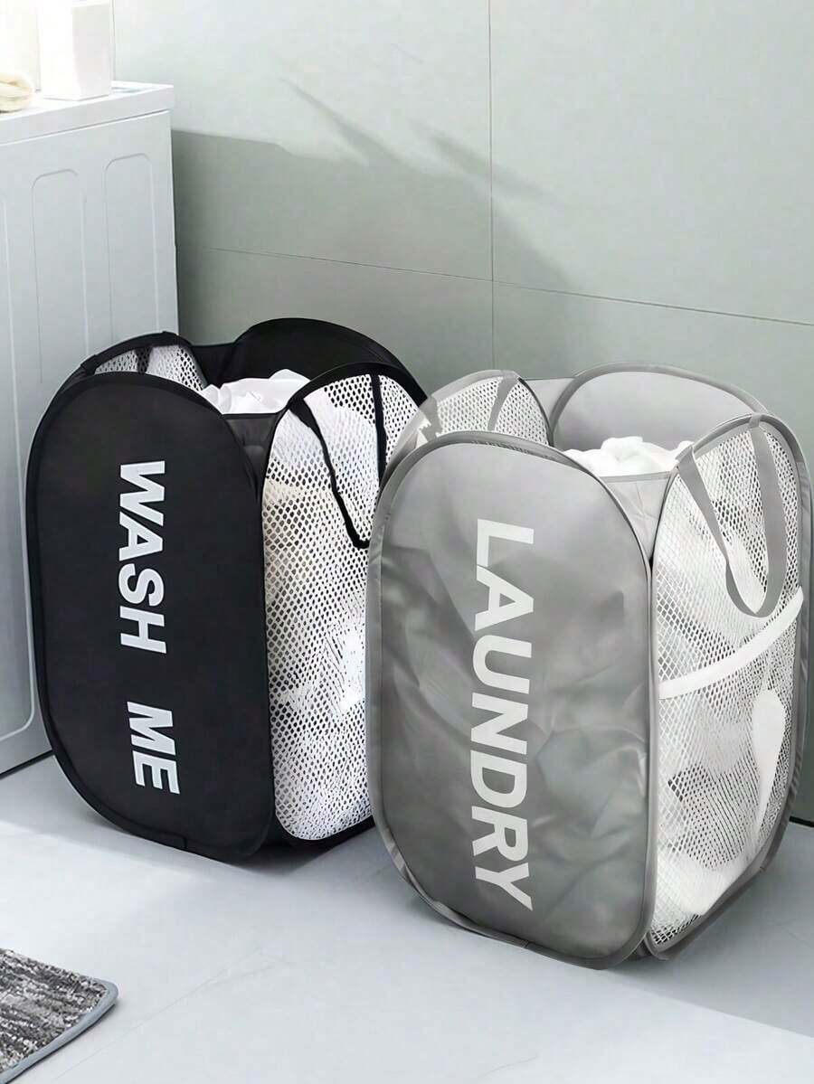 1 pieza Cesta plegable para ropa sucia de uso doméstico con red de almacenamiento y asa, cesto de lavandería para baño y dormitorio, nuevo tipo de organizador de lavandería plegable - Rosa 2 - Ver 1