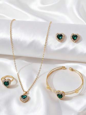 1 Set [1 Par de Aretes + 1 Anillo + 1 Pulsera + 1 Collar] Conjunto de Joyas Minimalista de Cristal con Forma de Corazón, Moda para Mujer Diario/Fiesta/Regalo para Amigos, Cumpleaños