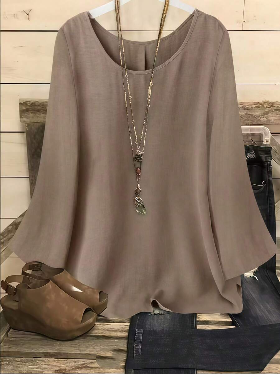 Women's Casual Western Style Solid Color Round Neck Long Flare Sleeve Blouse, Elegant Elegant Loose Retro Long Sleeve Shirt Top - Khaki - View 1