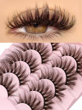 5 Pairs Brown Fluffy Volume Curl False Eyelashes Natural Look Fake Eyelashes Faux Mink Eyelashes Cat Eye Lashes For Long Lasting Cat Eye & Corner Lift Suitable Beginners Reusable