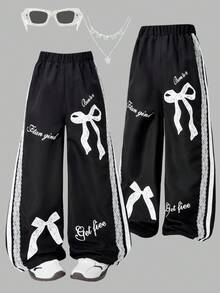 Girls' Black And White Lace Bowknot Wide-Leg Pants: Sweet And Cool Style With Letter Prints And Splicing,  Pair Of Wide-Leg Pants For Punk-Style Girls, Fashion Sense To Street Looks - 黑色 - 查看 2