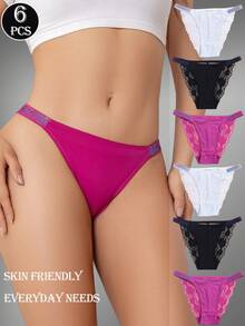 6 Stücke/Set sexy Mesh Patchwork Strass Taillenhöschen mit Spitze im brasilianischen Stil für Frauen