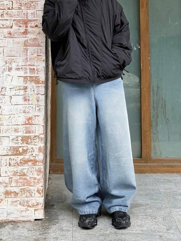 Calça Denim Masculina Vintage Lavada Tie-Dye Azul Claro HEHCN, Calça Denim Reta Larga Solta, Estilo Y2K Casual Americano de Rua Versátil, Adequado como Presente para Namorado, Marido