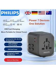 PHILIPS Încărcător de călătorie SPS1004B/93, încărcare rapidă PD 35W, 3A2C, alimentare simultană cu mai multe porturi, compatibilitate globală cu prize (Marea Britanie, Europa, America, Australia, Japonia), portabil pentru călătorii și birou.