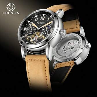 OCHSTIN Nya Herrklockor Flygande Tourbillon Skelett Automatiska Mekaniska Rörelseklockor Man Läderrem Månfas Armbandsur Lysande Visare Klocka