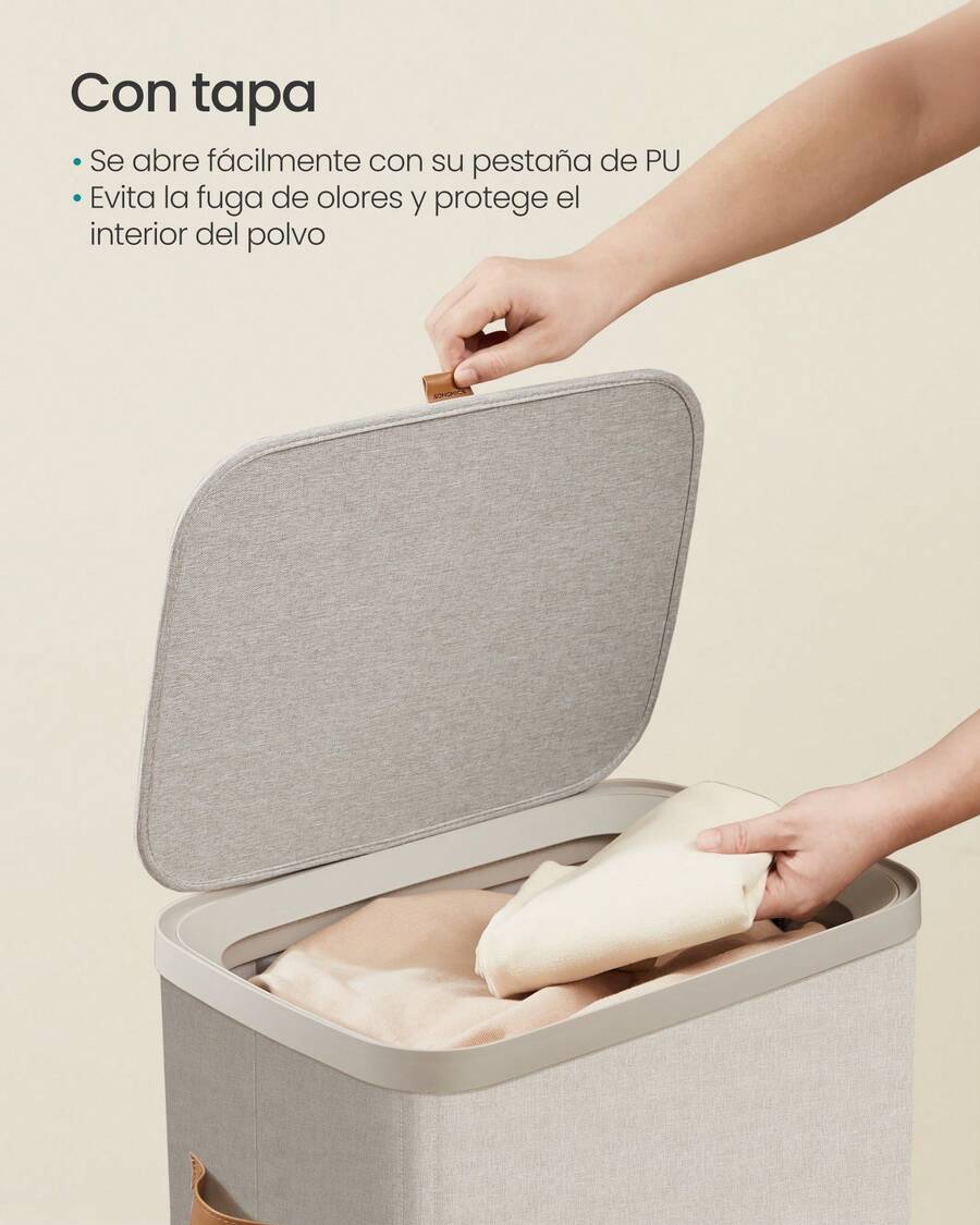 SONGMICS Cesto para la Ropa Sucia, Bolsa de Basura de 100 L, Fácil Montaje, con Asas para la Tapa, Bolsa Interior Extraíble, 42 x 32 x 75 cm, Beige Capuchino - Beis - Ver 1